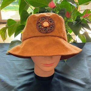 Chic Taupe Suede Bucket Hat with Embroidered Patch